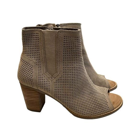 Toms Majorca Peep Toe Sandal Desert Taupe Perforated Suede Boot Stacked Heel 8 - Picture 2 of 10